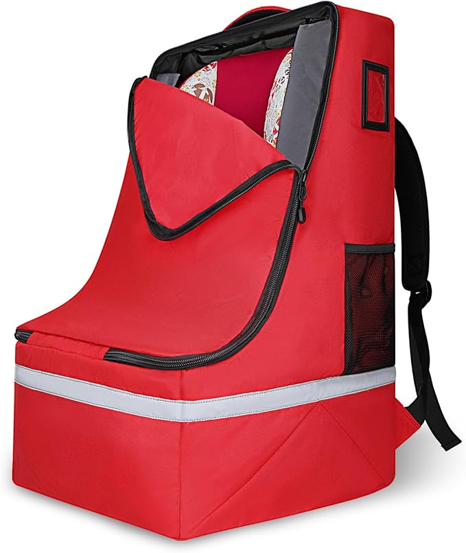 Car Seat Travel Bag for Airplane,Infant Seat Travel Bag with Shoulder Strap,Padded Car Seats Backpack with Reflective Stripes,Large Carseat Carrier Bag Travel Car Seat Cover, Red-BubblyBeeBaby
