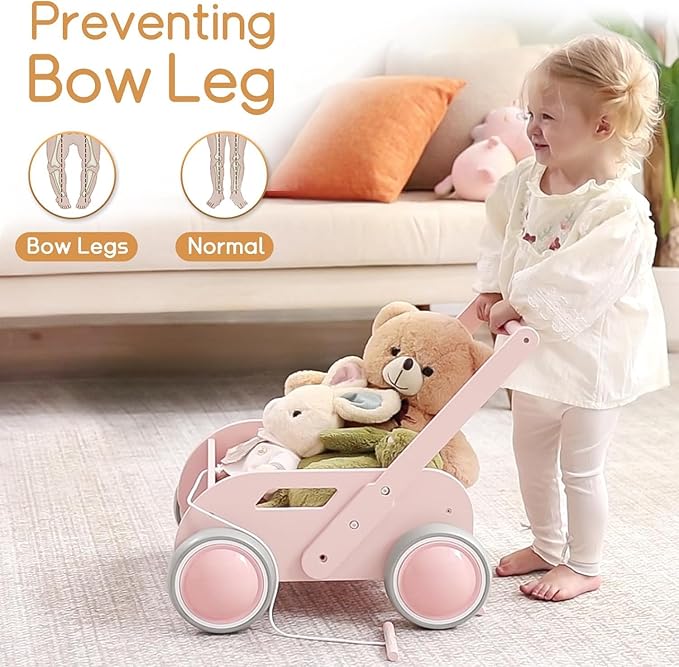 2025 HOMEKOL Wooden Baby Walker,Baby Push Walker, Adjustable Speed Baby Walker for Boys and Girls, Baby Activity Center, Gift for Birthday, Christmas and New Year Nature Pink-BubblyBeeBaby