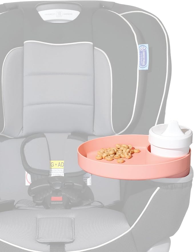 Travel Tray Oval USA Made Extend Your Current Cup Holder to Hold Your Cup Plus A Tray for Snacks, Toys and Accessories. Use in a Car Seat, Booster, Stroller, Golf Cart, Outdoor Chair, (Peach)-BubblyBeeBaby