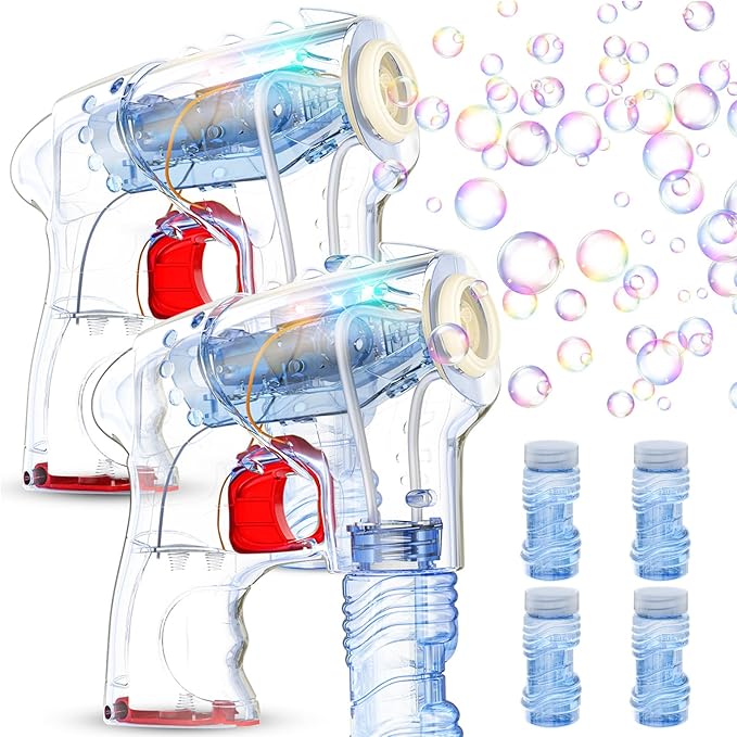 Kid Odyssey 2 Pack Bubble Gun with 4 Refill Solution and 3 Colorful LED Light, Bubble Machine for Kids, Bubble Maker for Party Favors, Birthday Gift, Indoor Outdoor Toys for Toddlers-BubblyBeeBaby