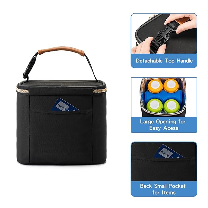 Insulated Bottle Bag with Ice Pack Fits 4 Large Baby Bottles Up to 5 Ounce, Cooler Bag Great for Nursing Mom Daycare-Black-BubblyBeeBaby