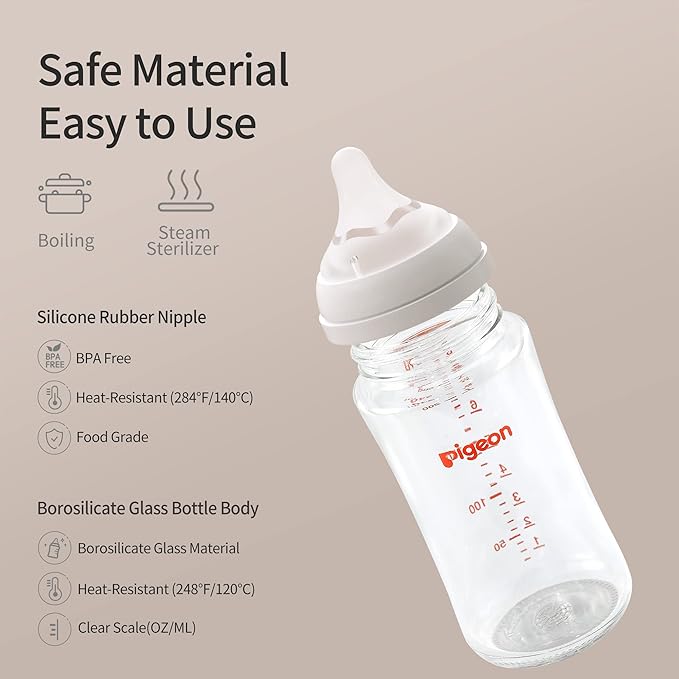 Pigeon Glass Nursing Bottle Wide Neck, Anti-Colic, Streamlined Body, Natural Feel, Easy to Clean, Heat-Resistant, 8.1 Oz(Pack of 2), Includes 2pcs M Nipples (3m+)-BubblyBeeBaby