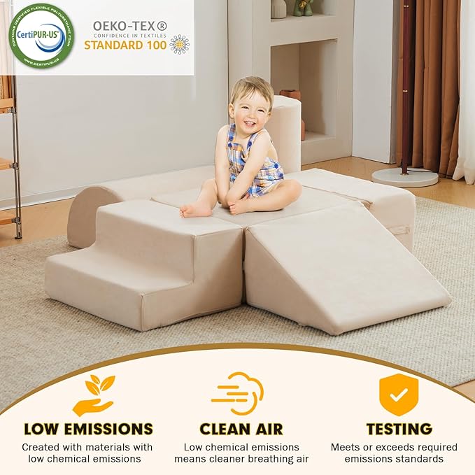 jela Foam Blocks 6Pcs Soft Play Equipment Luxury Miss Fabric, Toddler Climbing Toys Indoor Soft Play Climbing for Toddlers, Lightweight Climbing Blocks for Babies, Kids, Climb and Crawl Foam Playset-BubblyBeeBaby