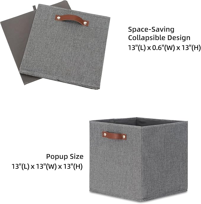 HNZIGE Fabric Storage Cubes Bins Baskets for Shelves Set of 4 Baskets, 13 Inch Storage Bins with Handles, Foldable Storage Cube Organizer Bins Organizing Home Nursery (Gray)-BubblyBeeBaby