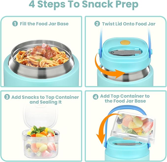 2-in-1 Insulated Food Jar & Snack Container - 15oz Kids Soup Thermos for Hot Food with Handle and Spoon, Leak Proof Reusable Toddler Snack Box, Perfect for School & Travel, Tiffany Blue-BubblyBeeBaby