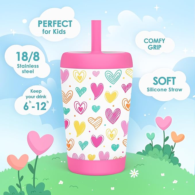 Kid Insulated Stainless Steel Tumbler with Silicone Straw, 12oz Sippy Cup for Kids (Playful Hearts)-BubblyBeeBaby