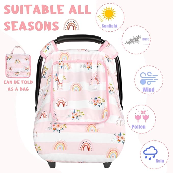 Pea Pod Car Seat Cover Baby, Infant Car Seat Canopy Covers for Newborn with 2 Layers Windows of Breathable Mesh Fabric, Lightweight Polyester/Soft Minky Dot Backing (Floral & Rainbow)-BubblyBeeBaby