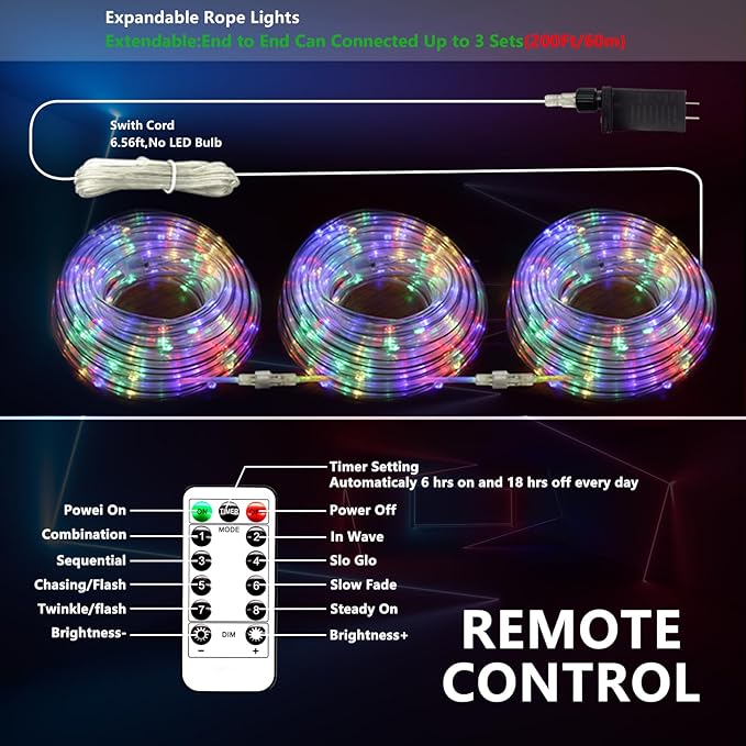 132FT Rope Lights for Outside,2 Pack 66FT Connectable String Lights Outdoor Waterproof IP67,8 Modes 400 LEDs Rope Lighting for Garden,Party,Indoor Bedroom,Christmas Eaves Decor,Coloured-BubblyBeeBaby