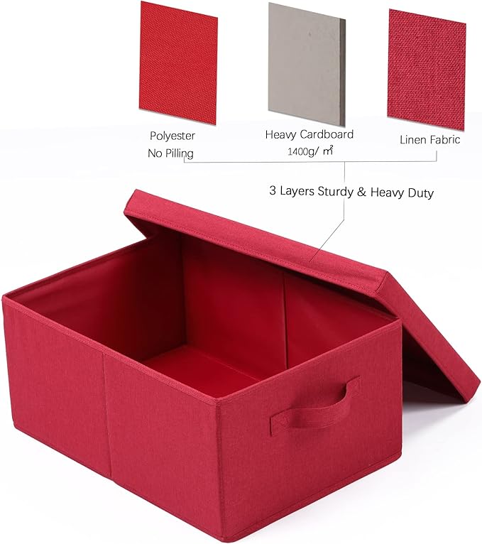 HOONEX Storage Bins with Lids for Organizing, Pack of 2, Storage Boxes with 2 Carrying Handles and Sturdy Heavy Cardboard, 16.5" L x 11.8" W x 7.5" H for Shoes, Books, Clothes, Red-BubblyBeeBaby