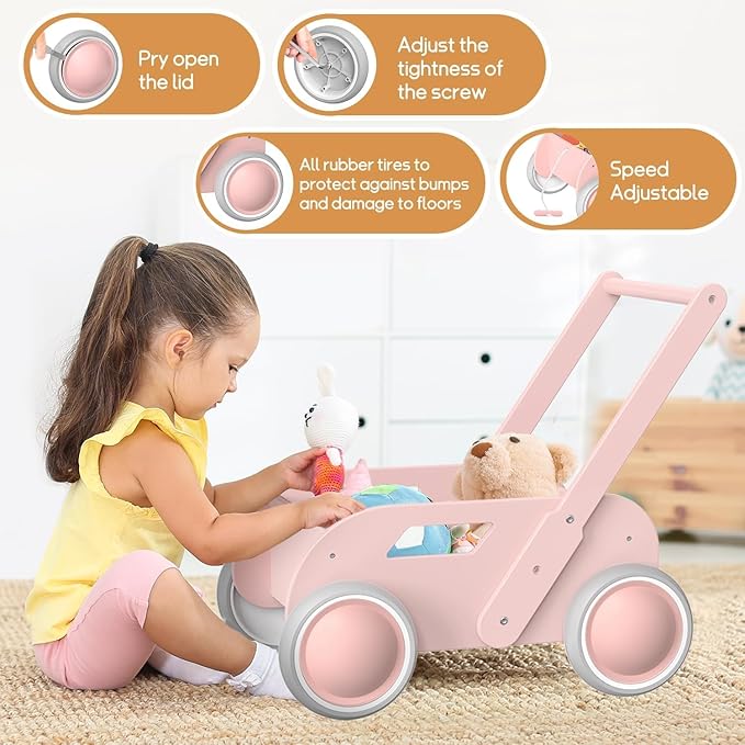 2025 HOMEKOL Wooden Baby Walker,Baby Push Walker, Adjustable Speed Baby Walker for Boys and Girls, Baby Activity Center, Gift for Birthday, Christmas and New Year Nature Pink-BubblyBeeBaby