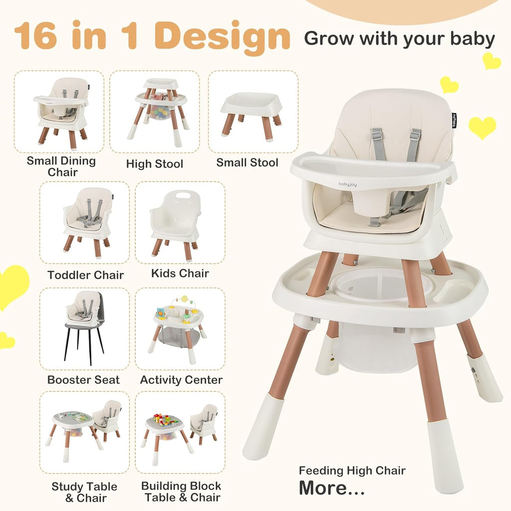 BABY JOY 16 in 1 High Chair, Convertible Baby Highchair for Babies and Toddlers with Activity Center, Booster Seat, Building Block Table, Toddler Chair with Safety Harness, Removable Tray (White)