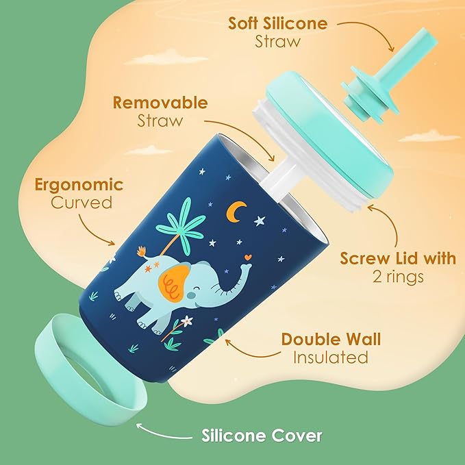 Kid Insulated Stainless Steel Tumbler with Silicone Straw, 12oz Sippy Cup for Kids (Dreamy Elephant)-BubblyBeeBaby