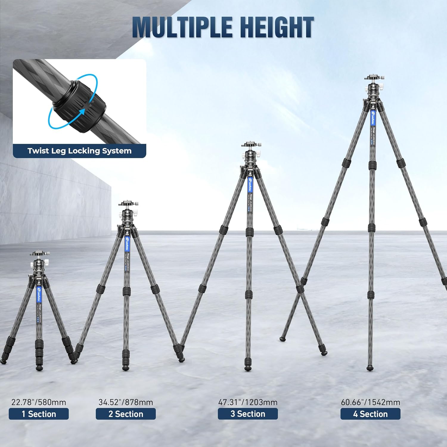 LEOFOTO Carbon Fiber Tripod with Leveling Base for Camera, 360° Rotating Ball Head, 1/4" QR Plate for Sport Camera/Phone/Projector, Compact Tripod with Panoramic Base, A Bubble Level, Max Load 22LB