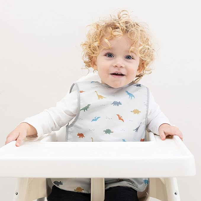 Tiny Twinkle Mess Proof Baby Bib - Waterproof & Lightweight Baby-Led Weaning Apron | 100% Recycled Polyester, Easy Clean & Machine Washable (Dinosaur, Small 6-24 Months)-BubblyBeeBaby