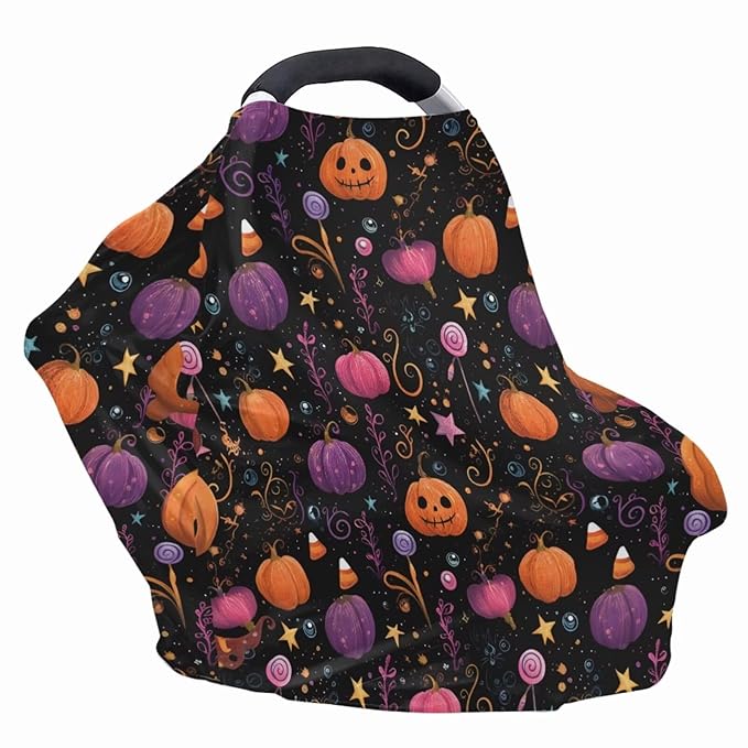 Binienty Infant Carseat Canopy, Cute Halloween Pumpkin Nursing Cover Soft Breathable Baby Car Seat Covers, Gifts for Mom Lover Wife-BubblyBeeBaby