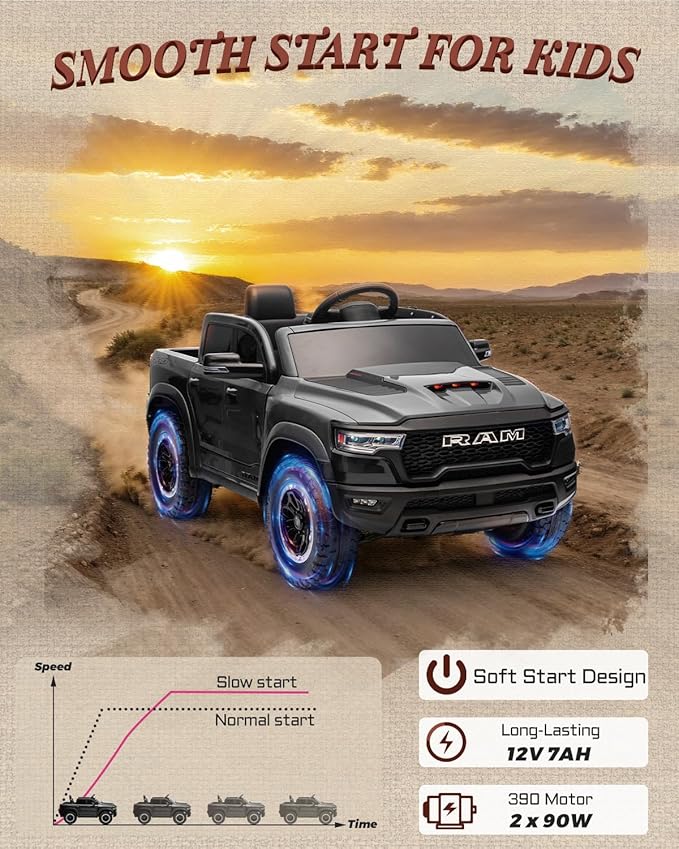 12V Licensed Ram 1500 Ride on Toy for Kids, Toddler Ride on Pickup Truck with Parent Remote Control, Electric Car for Kids with Truck Bed Storage, 3 Point Safety Belt (Black)-BubblyBeeBaby