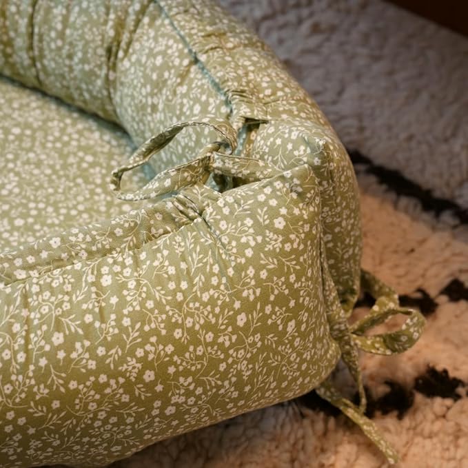 Infant Lounger, Baby Nest Cover for Baby Girls & Boys, Newborn Essentials for Baby 0-18+ Months, 100% Cotton Breathable (Green_Wonder, Cotton_Muslin)-BubblyBeeBaby