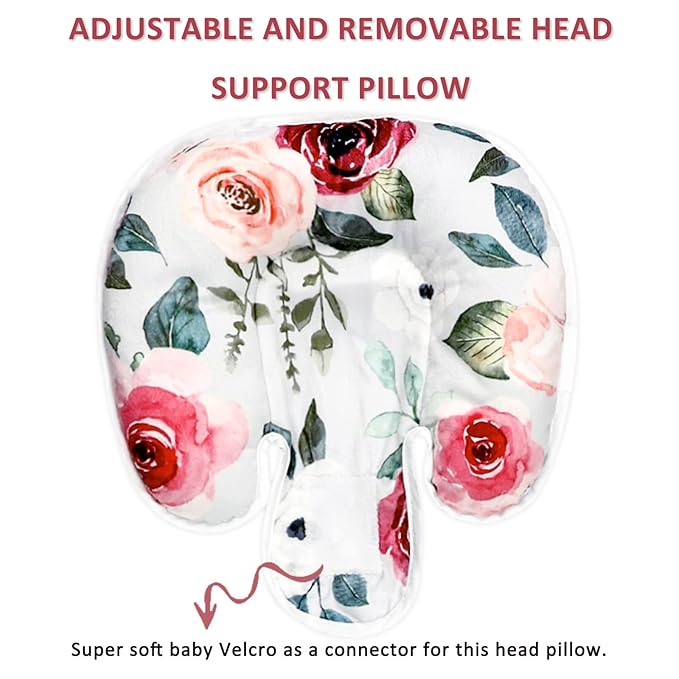 2 in 1 Infant Car Seat Insert, Car Seat Head Support Baby Girls Boys, Soft Newborn Carseat Insert Cushion, Perfect for Carseats, Strollers, Swings (Rose Flower)-BubblyBeeBaby