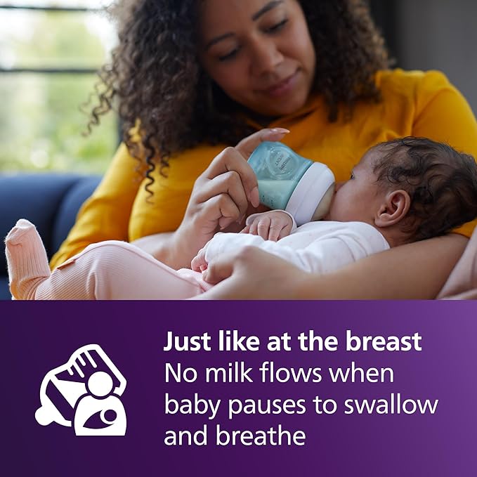 Philips Avent Natural Baby Bottles with Natural Response Nipples (Slow Flow, Flow 2), 4oz, Blue, 4-Pack, SCY900/24-BubblyBeeBaby