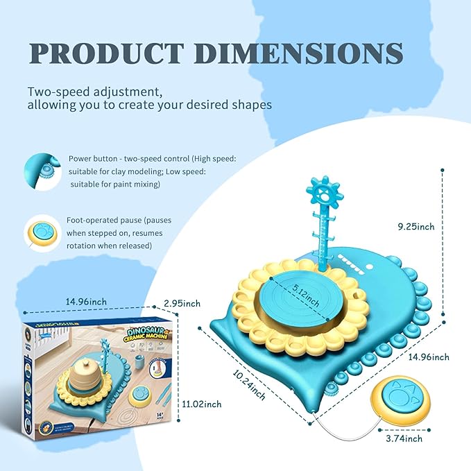 HTUONIAO Dinosaur Pottery Wheel Kit for Kids Ages 6-12 with 3 Air Dry Clays & Tools - Complete Arts and Crafts Studio for Beginners, Creative Gift for Boys and Girls-BubblyBeeBaby