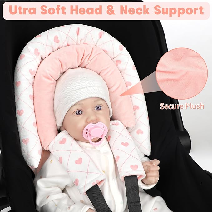 Infant Car Seat Insert, HNHUAMING Baby Car Seat Head & Body Support with 2 Strap Pads, Ultra Soft Newborn Preemie Carseat Insert Cushion for Girls Boys, Fits Car Seat, Stroller, Swing, Bouncer, Pink-BubblyBeeBaby
