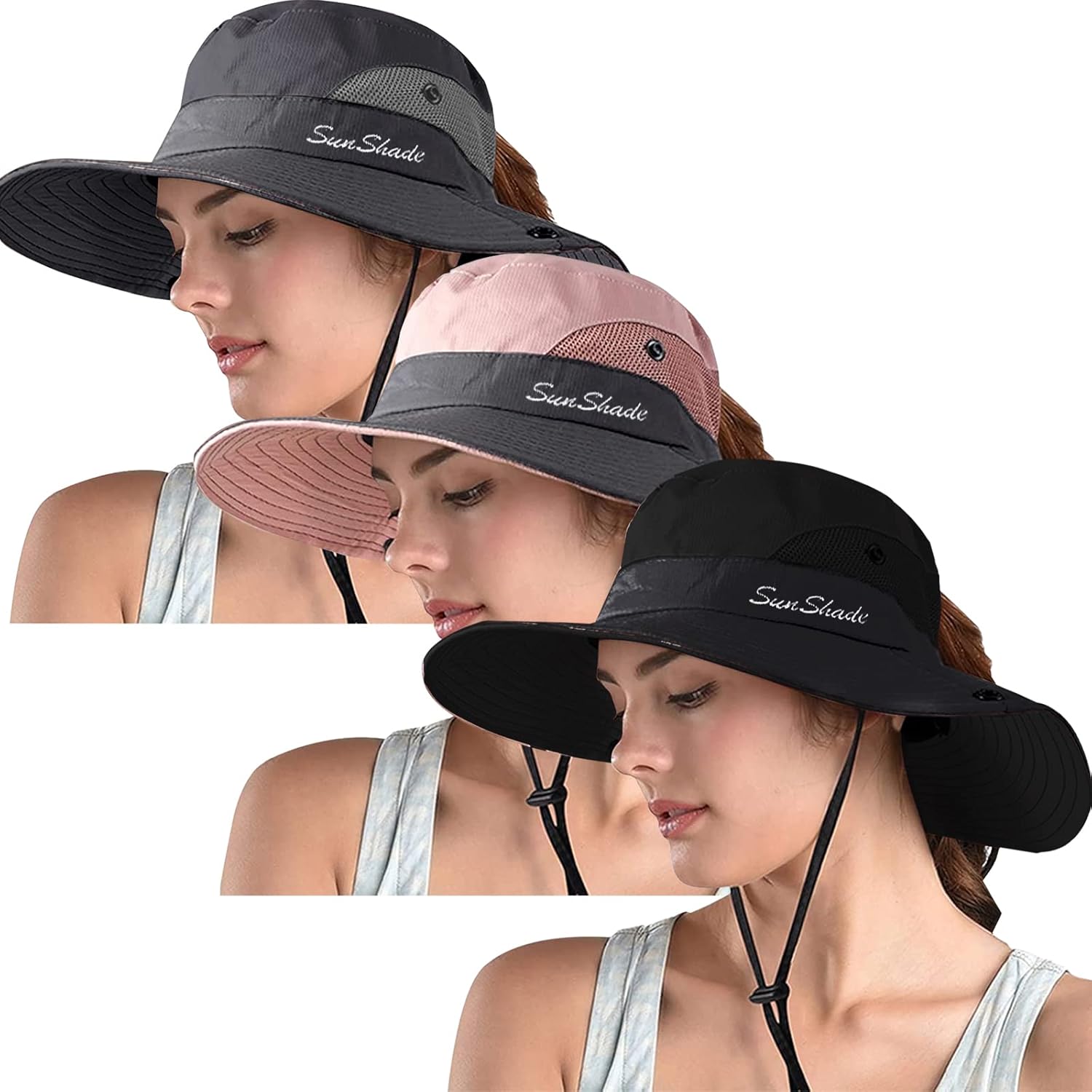 ZOORON Women's Ponytail Safari Sun Hat,Wide Brim UV Protection Outdoor Bucket Hat,Foldable Beach Summer Fishing Hat