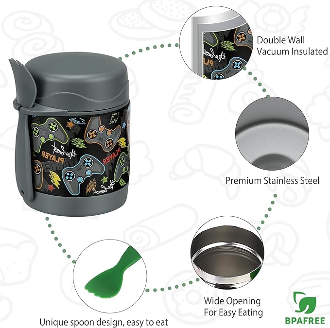 10oz Soup Thermo for Hot Food Kids,Lunch Thermo Kids Food Jar with Spoon Hot Insulated Food Containers,Leak Proof Stainless Steel Wide Mouth Lunch Food Thermo Jar for School(Black-Game Console)-BubblyBeeBaby