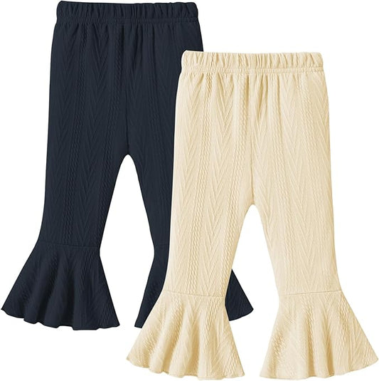 2 Pack Toddler Baby Girl Pants Flare Leggings Ribbed Knit Newborn Bell Bottoms Solid Ruffle Infant Pants for Girls-BubblyBeeBaby