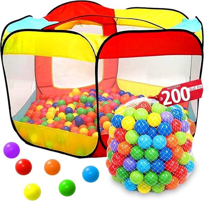 Kids Ball Pit Pop Up Large Tent for Toddlers - Indoor & Outdoor Gift Toys for Infants Girls & Boys, Baby Playpen with Zippered Storage Bag, 200 BallPit Balls Included-BubblyBeeBaby