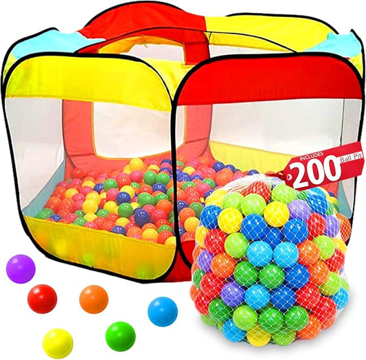 Kids Ball Pit Pop Up Large Tent for Toddlers - Indoor & Outdoor Gift Toys for Infants Girls & Boys, Baby Playpen with Zippered Storage Bag, 200 BallPit Balls Included-BubblyBeeBaby