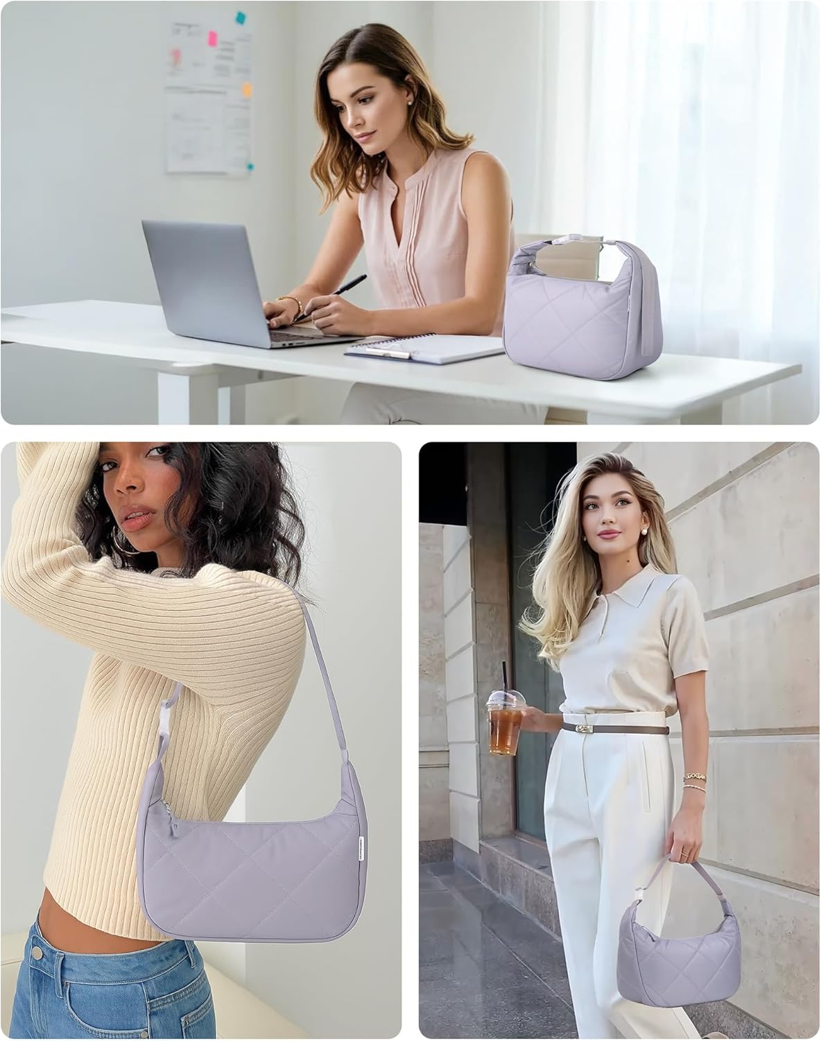 Insulated Lunch Bag for Women, Quilted Reusable Lunch Box with Adjustable Strap, Waterproof Cute Puffy Bento Tote, Stylish Cooler Bag for Work, Picnic or Travel, Light Purple