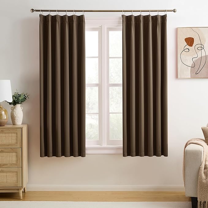 KEQIAOSUOCAI Pinch Pleated Blackout Curtains 63 Inches Long, Thermal Insulated Darkening Bedroom Drapes 2 Panels Set Burg Pleats Viral Curtains for Kids Room(Chocolate Brown,40"x 63"x 2)-BubblyBeeBaby
