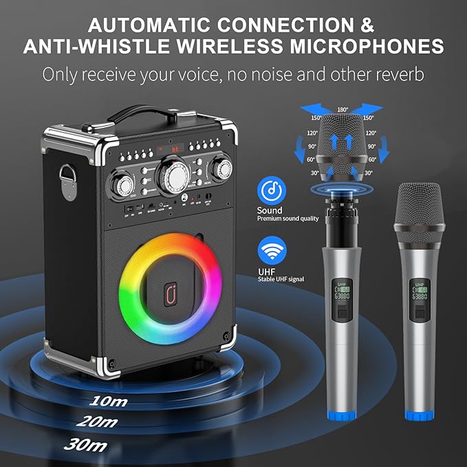 Karaoke Machine with 3 Wireless Microphones for Adults, Portable Bluetooth Party Speaker with Echo Adjustment, Singing Machine Support TWS/USB/TF Card/Guitar/TV Connected for Outdoor/Events etc-BubblyBeeBaby