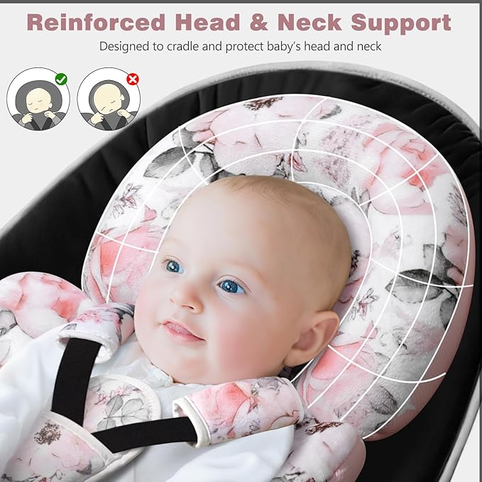 [Upgraded] Infant Car Seat Insert & Newborn Head Support, 3 Strap Covers + Reversible 2-in-1 Design – All Seasons Baby Car Seat Cushion for Stroller, Swing, Rocker, Bassinets-BubblyBeeBaby
