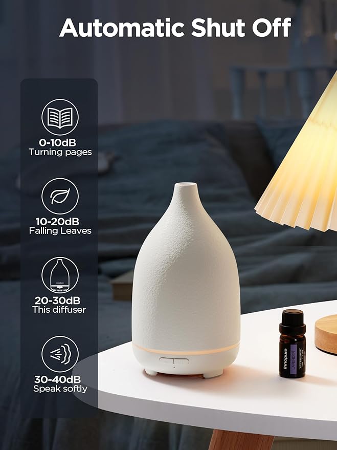InnoGear Oil Diffuser, 150ML Ceramic Diffuser for Essential Oils Handcrafted Aromatherapy Diffuser Ultrasonic Cool Mist Humidifier with 2 Mist Modes Waterless Auto Off for Room Office, White Base-BubblyBeeBaby