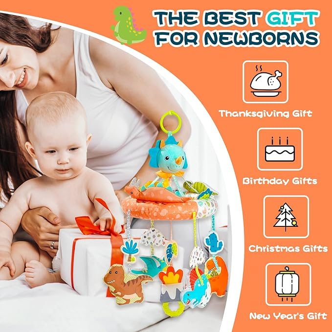 Jollybaby Nursery Baby Automatic Rotating Dinosaur Crib Mobile with Music Box & Arm, Montessori Sensory Musical Hanging Toy for Bassinet, Newborn Clip on Crib Mobile Soother Toy Gift, Polyester-BubblyBeeBaby