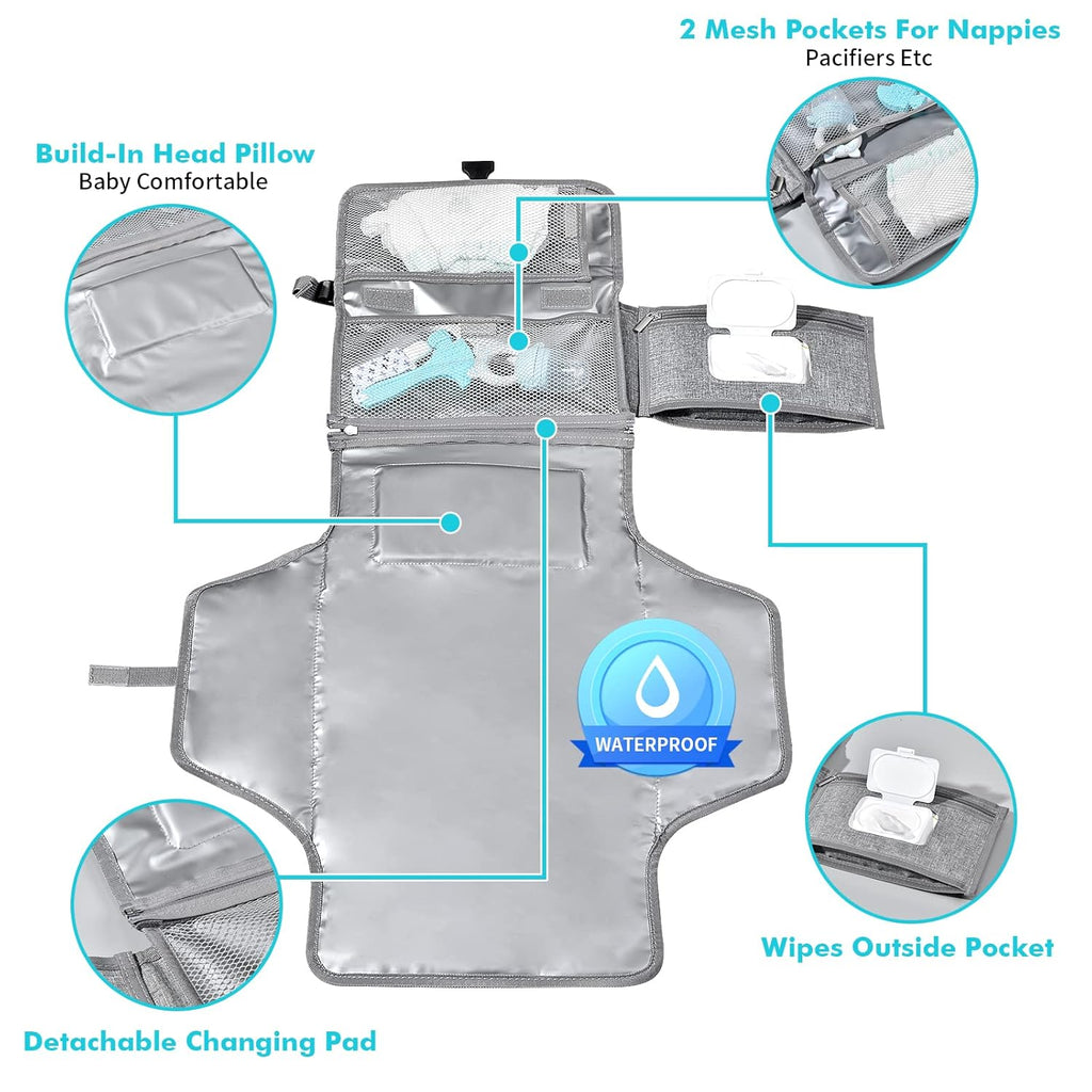 SKYROKU Baby Portable Diaper Changing Pad - Waterproof Travel Changing Mat with Wipes Pocket & Storage, Lightweight Baby Diaper Bag for Stroller/Car, Newborn Essentials Gift