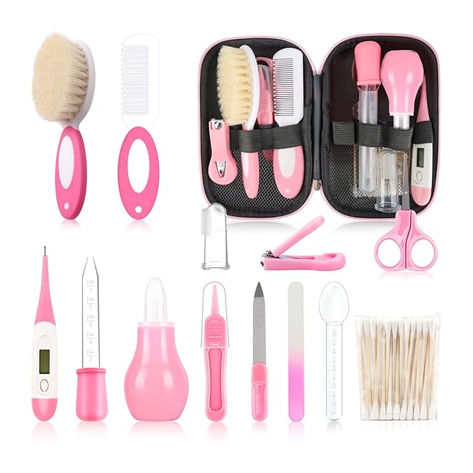 Baby Grooming Kit，Infant Safety Care Setwith Hair Brush Comb Nail Clipper Nasal Aspirator, Baby Essentials Kit for Newborn Girls Boys (14 PC-Pink Kit)-BubblyBeeBaby