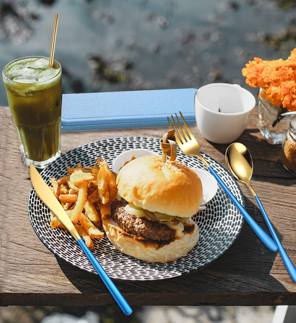 AARAINBOW 6 Pieces 18/8 Stainless Steel Flatware Set Portable Reusable Cutlery Set Travel Utensils Set Including Chopsticks Knife Fork Spoon Straws Cleaning Brush Dishwasher Safe (Blue golden)