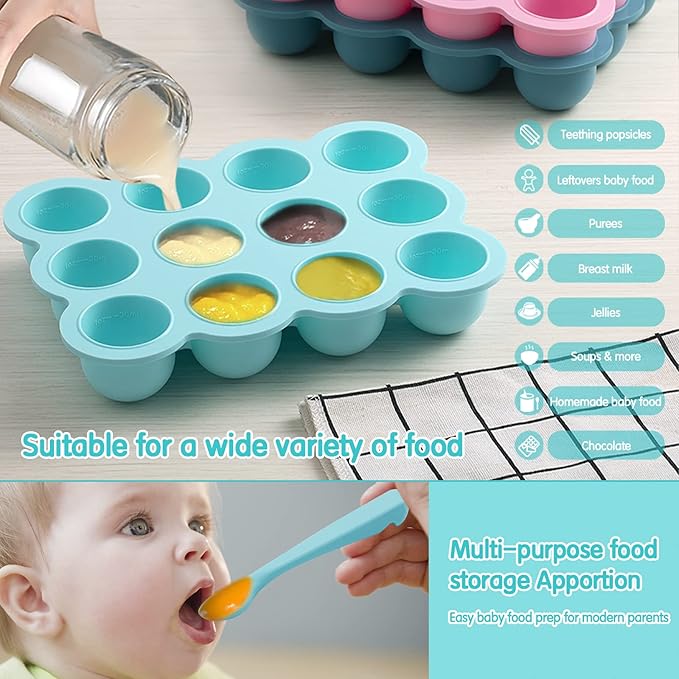 12x1.5oz Baby Food Freezer Tray with Clip Lid Light Green | Food Grade Silicone Storage Containers for Purees & Vegetables-BubblyBeeBaby