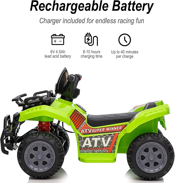 Kids ATV 4 Wheeler, 6V Ride-On Toy for Toddlers 1-3 Boys & Girls with Music, Forward & Reverse - Green-BubblyBeeBaby