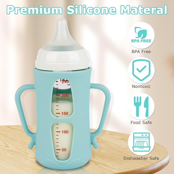 Silicone Sleeves for Pigeon Baby Bottles 8.1 oz,Anti Breakage Glass Baby Bottle Holder with Handles 2 Pack-BubblyBeeBaby