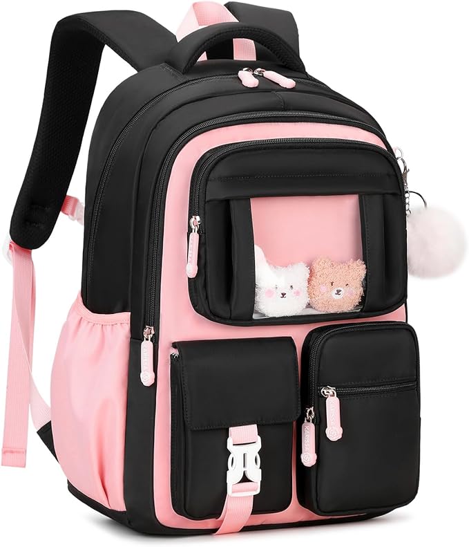 Kids Backpack for Girls School Bags for Middle School Students Book Bag for Elementary Primary Kawaii Ita Backpack, Black and Pink-BubblyBeeBaby