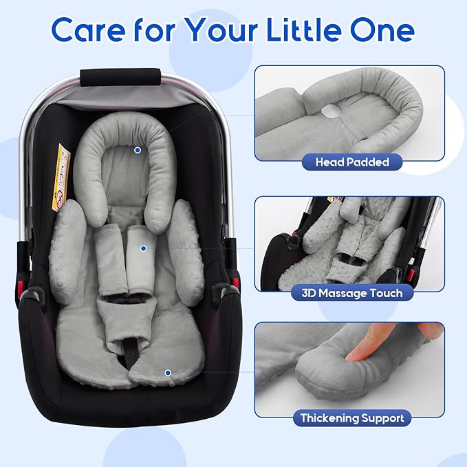 Baby Car Seat Head Support for Doona Stroller, Thickened Infant Carseat Head Support with 3 Strap Covers, Reversible Car Seat Insert for Newborn, Baby Car Seat Cushion with Filled Natural Cotton-BubblyBeeBaby