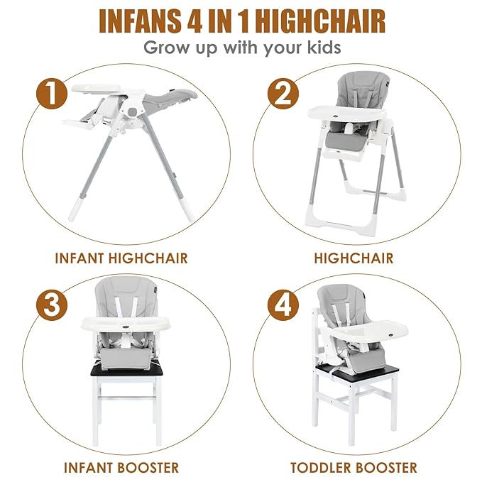 INFANS High Chair for Babies & Toddlers, Foldable Highchair with Multiple Adjustable Backrest Footrest Seat Height, Removable Tray, Detachable PU Leather Cushion Wheels (with Booster, Light Grey)-BubblyBeeBaby