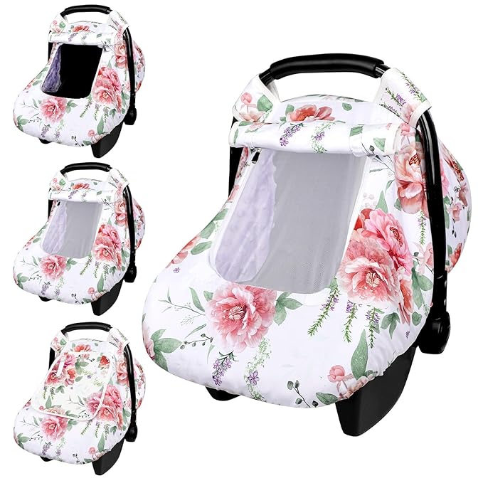 Baby Carseat Cover Girls, Pea Pod Floral Infant Car Seat Covers Canopy for Newborn with 2 Layers Windows of Breathable Mesh/Fabric, Lightweight Polyester/Minky Dot Backing, Snug Fit Most Baby Car Seat-BubblyBeeBaby