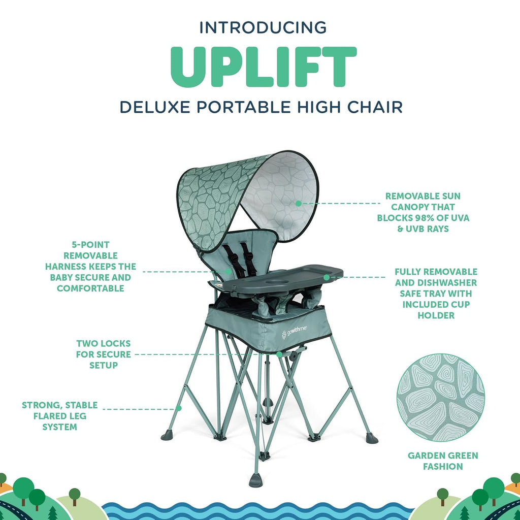 Baby Delight Go with Me Uplift Deluxe Portable High Chair | Travel High Chair | Sun Canopy | Indoor and Outdoor | Green Garden
