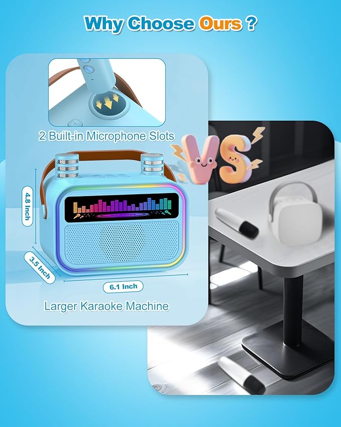 Karaoke Machine for Kids Adults, Birthday Gifts Toys for Girls Boys Age 3-12+,Mini Portable Bluetooth Singing Speaker with 2 Wireless Microphones & LED Lights (Blue)-BubblyBeeBaby