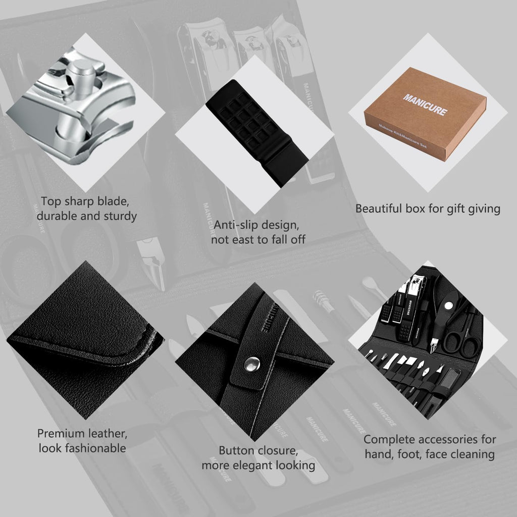 Manicure Set Professional Nail Clippers Pedicure Kit, 16 pcs Stainless Steel Nail Care Tools Grooming Kit with Luxurious Travel Leather Case for Thick Nails Men Women Gift (Black)