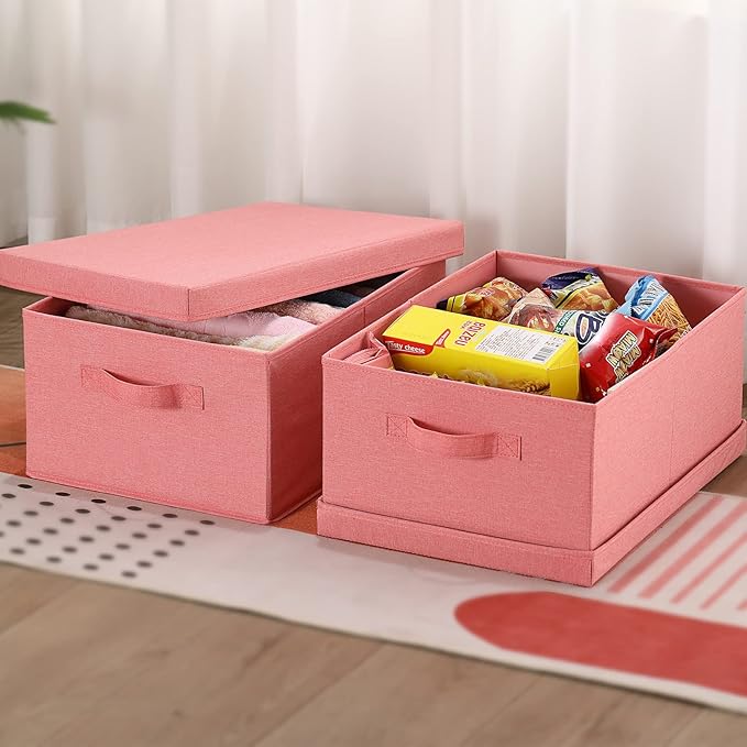 HOONEX Linen Foldable Storage Bins with Lids, 2 Pack, Storage Boxes with Carrying Handles and Sturdy Heavy Cardboard, 16.5" L x 11.8" W x 7.5" H for Shoes, Books, Clothes, Nursery, Pink-BubblyBeeBaby